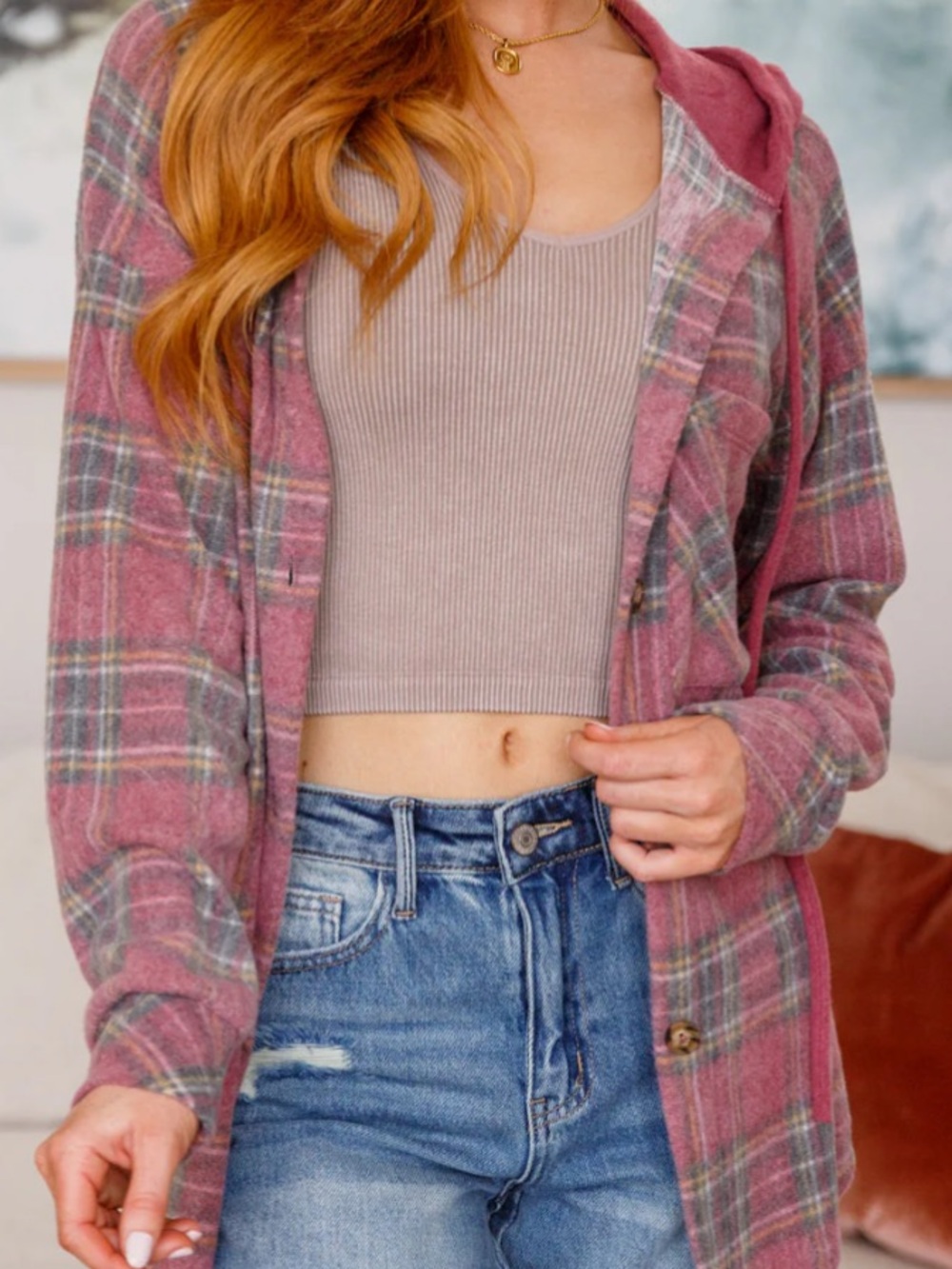 7th Ray Mauve Plaid Hooded Shacket Jacket - Picture 2 of 15